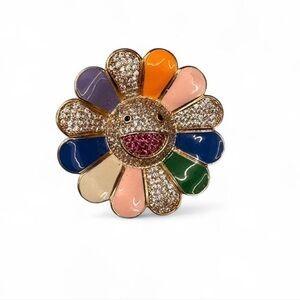 Rainbow Daisy Enamel Brooch Pin – Smiling Flower with Crystals Y2K rhinestone